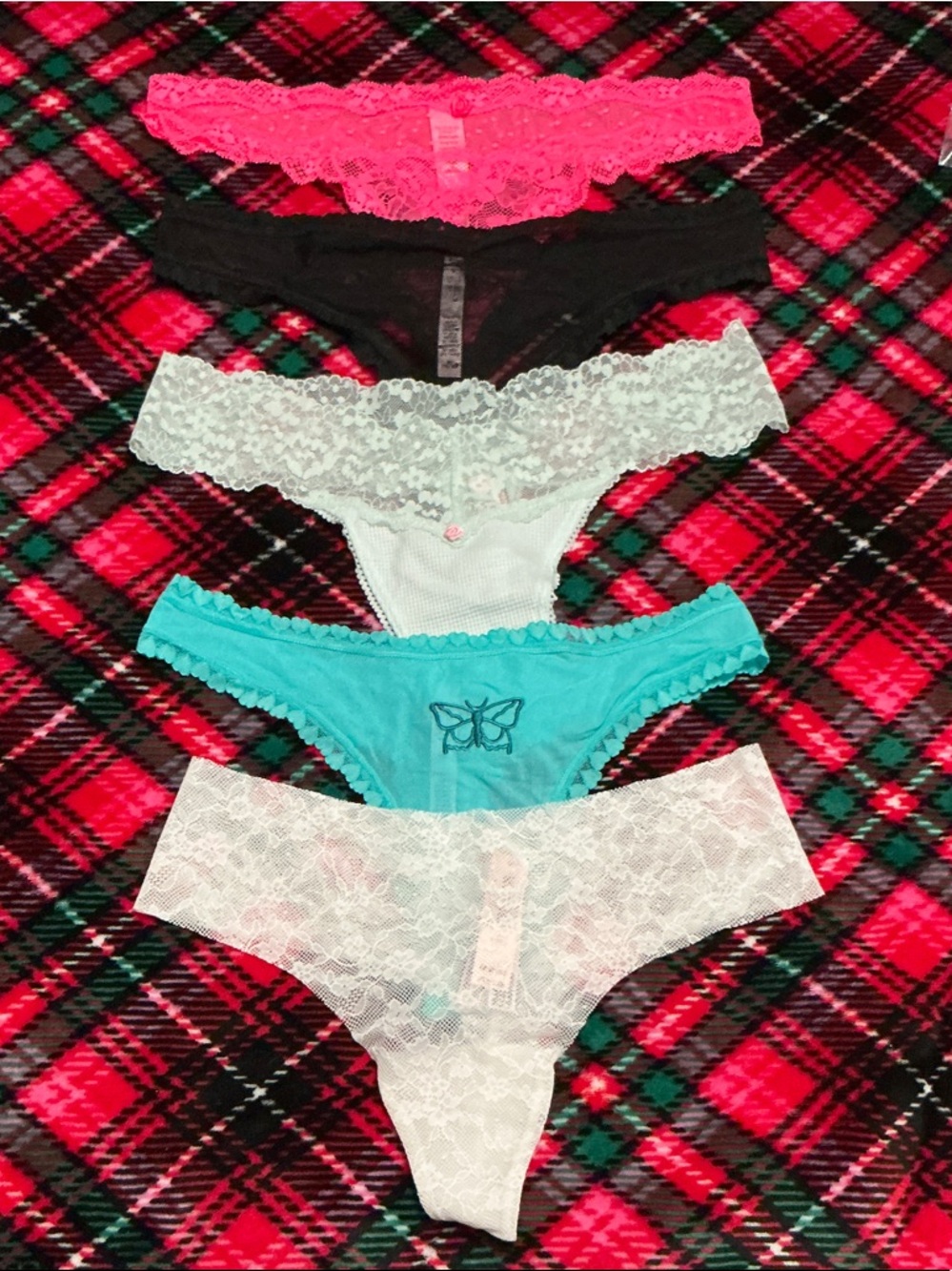 Victoria's Secret Lace & Cotton Thong Set - Hot Pink, Black, White, Teal